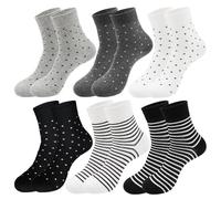 VEGCOO - Calcetines de 6 pares para mujer, calcetines mediados de pantorrilla para mujer, 35-40 de algodón, con rayas de lunares para uso diario, Negro/Blanco/Gris, Talla única