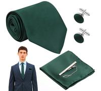 VEGCOO Corbata para Hombre, Corbatas Clásicas Sólidas con Pañuelo de Bolsillo, Gemelos y Alfiler de Corbata para Ocasiones de Negocios, Fiestas, Bodas, Regalo Creativo para Hombre, Verde Oscuro