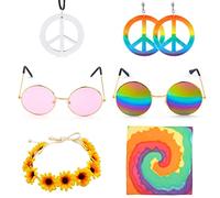 VEGCOO Disfraz Hippie Hombre Mujer con Gafas Diadema Collar Pulsera