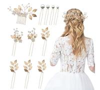 Vegcoo - Horquillas para novia para niñas, accesorios de peinado de boda para mujer, horquillas para el pelo con perlas, flores, hojas para novias (dorado/11 piezas)
