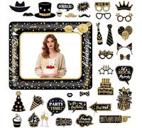 VEGCOO Photocall Feliz Cumpleaños 36pcs Accesorios para Fotos en Negro y Oro + Marco de Fotos Inflable, Photo Booth Props, Decoración Fiesta (Feliz Cumpleaños)