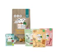 VEGDOG Farmer's Favourite Probierbundle mit allergigenem Vollfutter und Snacks, Einsteiger Paket mit Farmer's Crunch, Adult Nassfutter im Tetra Pak sowie Snacks Dentals, Beevys und Jerkeys