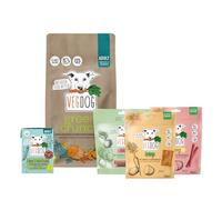VEGDOG Green Power Probierbundle mit allergigenem Vollfutter und Snacks, Einsteiger Paket mit Green Crunch, Adult Nassfutter im Tetra Pak sowie Snacks Dentals, Beevys und Jerkeys