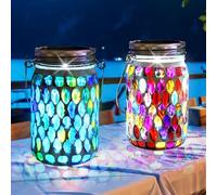 Vegena 2pcs linterna solar al aire libre, lámparas solares para jardín, lámpara solar al aire libre linternas solares de exterior Ip65 linternas de mosaico de vidrio para jardín terraza balcón (azul