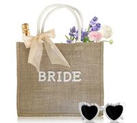 Vegena Bolsa de yute, bolsa de novia, bolsa de yute impresa "Bride" Letras Novia Bolsa de yute para novia Bolsa de transporte con gafas de sol de corazón The Tote Bag para novia decoración y
