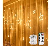 Vegena Cortina de Luces LED 3,5 m 138 LEDLuces de Navidad Estrellas y Lunas Funciona con Pilas con Mando a Distancia 8 Modos de Parpadeo, paraJardín Casa, Decoración de Color Blanco Cálido