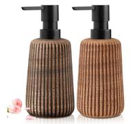 Vegena Dispensador de Jabón de Cerámica: 2 Piezas Vintage Rayadas, Dispensador de Jabón Líquido Recargable, Cabezal de Bombilla Fácil de Presionar, para Baño y Cocina (8x8x14cm Beige 400ML)