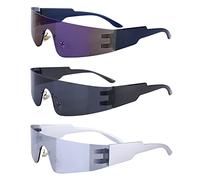 Vegena Gafas De Sol Sin Montura: 3 Pares De Gafas Futuristas, Gafas Rápidas Para Rave, Para Roles Y Fiestas De Carnaval (Negro/Gris, Plata/Blanco, Negro/Azul)