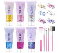Vegena Gel Brillante para Cuerpo: 6 Piezas Gel Brillante Chunky Holográfico, Ideal para Maquillaje de Festival (Azul, Oro, Rosa, Plata, Blanco, Púrpura, 50ml)