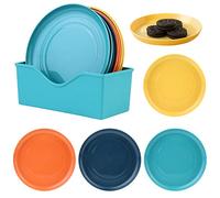 Vegena Juego de 12 Platos de Plástico en 4 Colores - Pequeños, Reutilizables para Desayuno y Postre - Con Estante de Almacenamiento (Redondos)