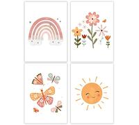Vegena Juego de 4 imágenes para habitación de los niños y niñas, póster decorativo para habitación infantil, arco iris, sol, nube, flores y mariposas, murales para habitación de bebé