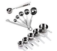 Vegena Juego de tazas medidoras y cucharas acero inoxidable con regla medición, 12 piezas tabla conversión cocina, 5 medidoras, 1 cuchara clip medición para las medidas horneado.