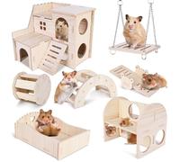 Vegena Juguete para hámster, casa de hámster, 7 piezas DIY hámster de madera, juguete para masticar, juguete para cobayas, carrete de campana, puente, columpio, hámster, accesorio para hámster enano,