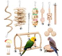 Vegena Juguetes Loros 13 Piezas, Juguetes Agapornis de Madera Natural, Perchas para Pájaros Campanas Columpios Juguete de Masticación Accesorio para Jaula de Pájaros para Pequeños Loros de Aves