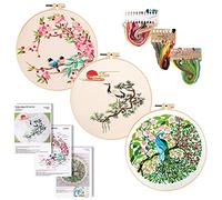 Vegena Kit de Inicio de Bordado, 3 Juegos de Bordar con Patrones e Instrucciones, Kit de Bordado Principiantes, Kit de Herramienta de Punto Cruz,con 1 Aros de Bordado,3 Tela Bordada,Hilos de Colores