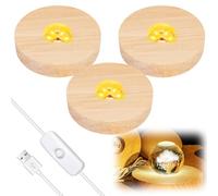 Vegena 3 Piezas Base de Exhibición de Luces LED, Base de Madera con Luz Led, Base de Madera Redondo con USB para Acrílica, Bola de Cristal (10cm, Blanco Cálido)