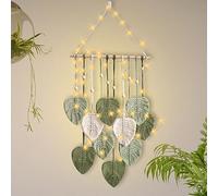 Vegena Tapiz de Pared de Macramé, Decoración de Pared Tejida a Mano, Tapiz de Hojas Tejidas Bohemio Elegante, Tapiz Macrame con Cadena de Luces LED De 3m para El Hogar, Apartamento, Dormitorio, Sala