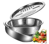 Vegetable Cutter Strainer - Stainless Steel Grater Basin, Fruit Washing Bowl System, Food Ergonomic Design | Rice Washer Strainer Task, Kitchen Prep Work, Salad Making Project, Meal Preparation Setup