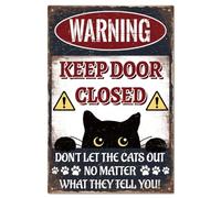 VEGlkj Cartel de metal con texto en inglés "Warning Keep Door Closed Don't Let the CatsNo Matter What They Tell You", divertido letrero de metal de advertencia de gato negro de 30 x 20 cm, placa