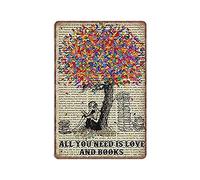VEGlkj Letreros de lata con texto en inglés "All You Need Is Love And Book", arte de página de libros, regalo para amantes de los libros, decoración de biblioteca, letrero de metal vintage, decoración