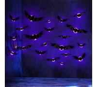 VEGOATY 24 unidades de decoración de Halloween: murciélagos de Halloween decoración interior con luces LED, 3D LED lila murciélago decoración DIY pegatinas de pared para exteriores, fiestas, ventanas