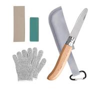 VEGOATY Juego de cuchillos infantiles de, navaja plegable para exteriores con mango de madera, cuchillo para tallar para niños a partir de 6 años, incluye guantes resistentes a los cortes