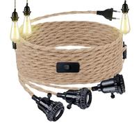 VEGOATY Kit de suspensión de cuerda de cáñamo con tres bombillas, casquillo con enchufe e interruptor, cable vintage E27-3 bombillas incluidas, colgante retro DIY para comedor y hogar
