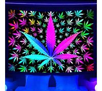 VEIGIKE Tapiz de luz negra de hierba trippy reactivo a los rayos UV, teñido anudado de neón, hoja de marihuana, cannabis, luz negra, póster artístico para habitación de hombres, dormitorio, manta