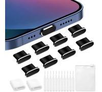 VEINARDYL 8 tapones antipolvo para iPhone, tapa protectora de puerto de carga USB C con 10 cepillos de limpieza, enchufe de auriculares compatible con iPhone 15/16 Plus Pro Max iPad 10ª/Air-Negro