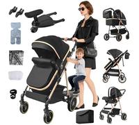 Veitoalioy Carrito Bebe 3 en 1, Camiseta de bebé estilo doble con auxiliar, Portátil Cochecito Plegable, Carrito de Paisaje Alto Se puede empujar hacia adelante y hacia atrás (FV8 BlackGold)