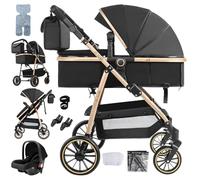 Veitoalioy Carrito Bebe 3 en 1, Cochecito de Bebé Conveniente y Multifuncional, Portátil Cochecito Plegable, Carrito de Paisaje Alto Se puede empujar hacia adelante y hacia atrás (V8 BlackGold)