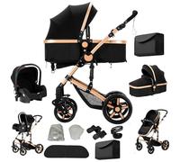 Veitoalioy Carrito Bebe 3 en 1, Portátil Cochecito Plegable, Carrito de Paisaje Alto Se puede empujar hacia adelante y hacia atrás, Cochecito de Bebé Conveniente y Multifuncional (588 Black Gold)