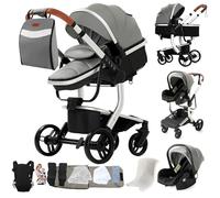Veitoalioy Cuero PU Carrito Bebe 3 en 1, Portátil Cochecito Plegable, Carrito de Paisaje Alto Se puede empujar hacia adelante y hacia atrás, Cochecito de Bebé Multifuncional (M518 Grey)