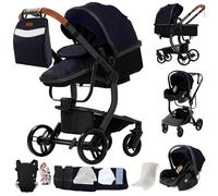 Veitoalioy Cuero PU Carrito Bebe 3 en 1, Portátil Cochecito Plegable, Carrito de Paisaje Alto Se puede empujar hacia adelante y hacia atrás, Cochecito de Bebé Multifuncional (M518 Black Blue)