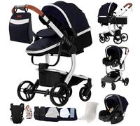 Veitoalioy Cuero PU Carrito Bebe 3 en 1, Portátil Cochecito Plegable, Carrito de Paisaje Alto Se puede empujar hacia adelante y hacia atrás, Cochecito de Bebé Multifuncional (M518 Silver Blue)