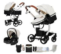 Veitoalioy Cuero PU Carrito Bebe 3 en 1, Portátil Cochecito Plegable, Carrito de Paisaje Alto Se puede empujar hacia adelante y hacia atrás, Cochecito de Bebé Conveniente y Multifuncional (518 White)