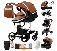 Veitoalioy Cuero PU Carrito Bebe 3 en 1, Portátil Cochecito Plegable, Carrito de Paisaje Alto Se puede empujar hacia adelante y hacia atrás, Cochecito de Bebé Multifuncional (M518 Khaki)
