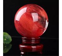 VEKETE Hermosa BOLA DE ESFERA DE CRISTAL DE CUARZO FUNDIDO CLARO Rojo Decoración Del Hogar Con Base,10cm