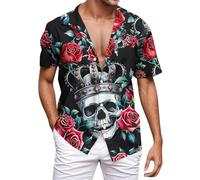 Vekewsap Camisa de calavera multicolor para hombre, disfraz de Halloween, camisa de fiesta, corte ajustado, camisa de ocio, camiseta gótica, estampado de salpicaduras de sangre, parte superior