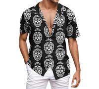 Vekewsap Camisa de calavera multicolor para hombre, disfraz de Halloween, camisa de fiesta, corte ajustado, camisa de ocio, camiseta gótica, estampado de salpicaduras de sangre, parte superior