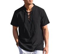 Vekewsap Camisa medieval para hombre, camisa de lino, retro, con cordones, piratas, vikingos, renacimiento, camiseta funcional, camiseta ligera deportiva, algodón y lino, 01 negro, XL
