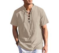 Vekewsap Camisa medieval para hombre, camisa de lino, retro, con cordones, piratas, vikingos, renacimiento, camiseta funcional, camiseta ligera deportiva, algodón y lino, 01 caqui., M