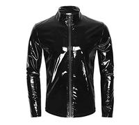 Vekewsap Chaqueta de aspecto lacado para hombre, abrigo corto, aspecto mojado, ropa de fiesta, ropa brillante, camiseta de manga larga, camiseta de piel sintética, camiseta de látex brillante, parte