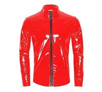 Vekewsap Chaqueta de aspecto lacado para hombre, abrigo corto, aspecto mojado, ropa de fiesta, ropa brillante, camiseta de manga larga, camiseta de piel sintética, camiseta de látex brillante, parte