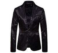 Vekewsap Chaqueta de esmoquin con purpurina para hombre, disfraz dorado de boda, disfraz de grupo, disfraz de adulto, festival, traje de lentejuelas, chaqueta con un botón, Negro , M