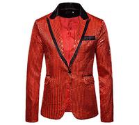 Vekewsap Chaqueta de esmoquin con purpurina para hombre, disfraz dorado de boda, disfraz de grupo, disfraz de adulto, festival, traje de lentejuelas, chaqueta con un botón, rojo, XL