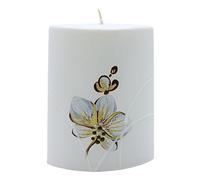 Vela blanca en forma Elipse, hecha y pintada a mano, con orquídea clara tamaño aprox. 8 x 3,5 x 9,5 cm.