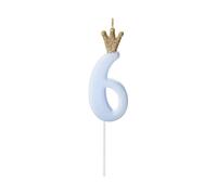 Vela con forma de número 6 para tarta de cumpleaños, vela celeste con corona de purpurina dorada para niños, fiesta de niño, fiesta de aniversario