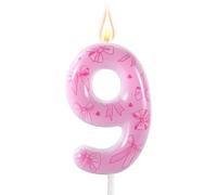 Vela Cumpleaños con Moño Rosa, Elegante Vela Numérica Tema Moño Topper para Pastel Cumpleaños para Mujeres Niñas Fiestas Temáticas Princesas Boda Baby Shower Decoración Aniversario (Número 9)