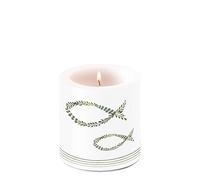 Vela de comunión y confirmación de peces de hojas como decoración de mesa. Vela redonda pequeña para mesa de 7,5 x 9 cm de diámetro